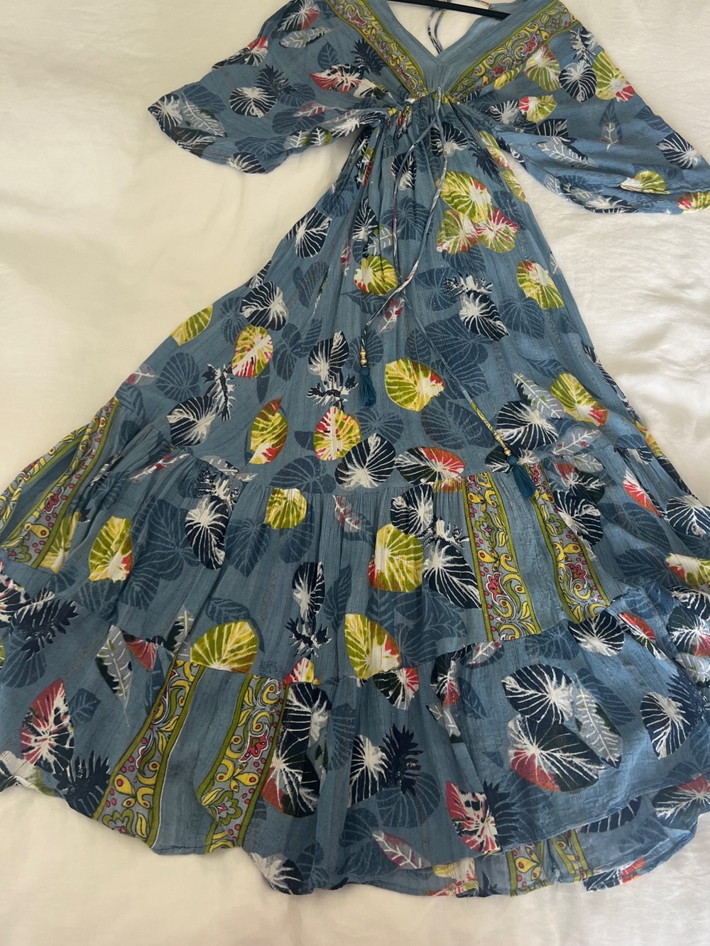 Blue Tropical Print Maxi Dress with Green Accents